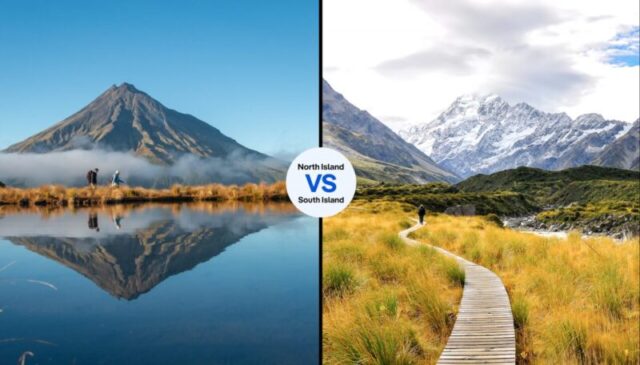 Северный остров (гора Таранаки, отражающаяся в озере Поукай) против Южного острова, Новая Зеландия (национальный парк Аораки-Маунт-Кук)